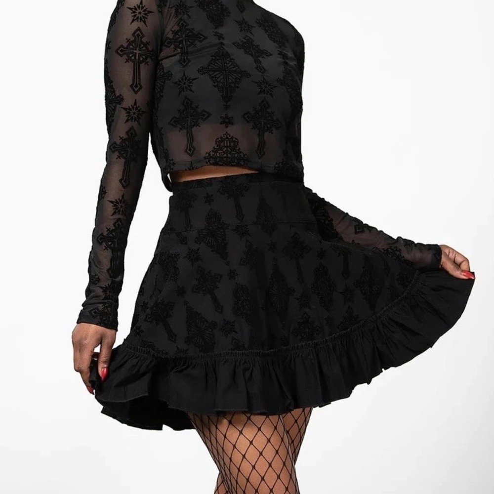 Killstar AMELIE FLOCKED MINI SKIRT New With Tags Sz Medium Sz 8  Black Gothic